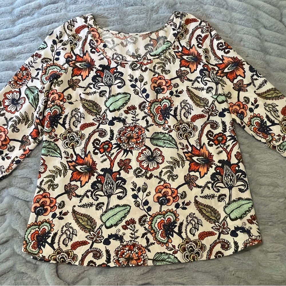 Graphic Brown and Orange 3/4 Sleeve Relaxed Blouse